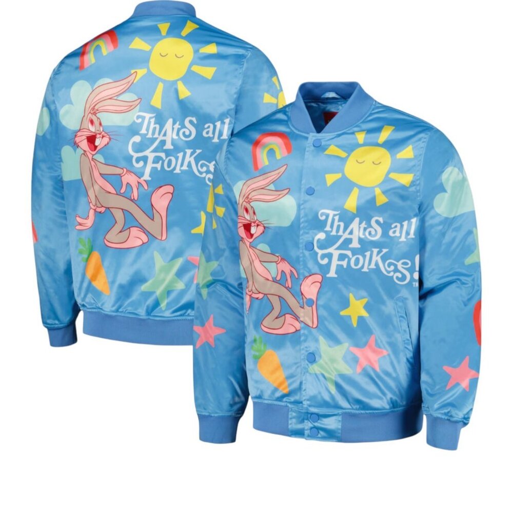 Looney Tunes Bugs Bunny Satin Snap Bomber Jacket BLUE Freeze Max Men's - Picture 1 of 2